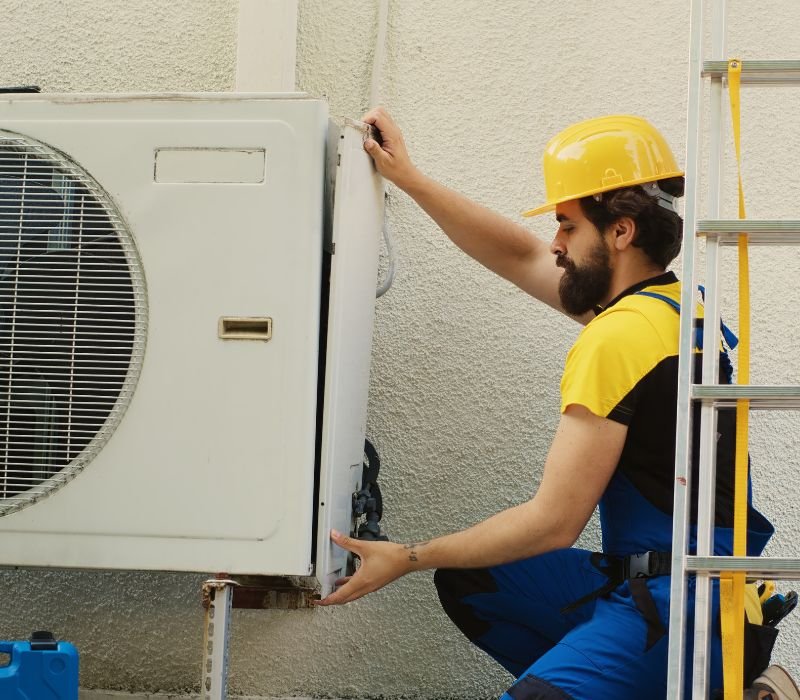 a boy repairing ac at roof top