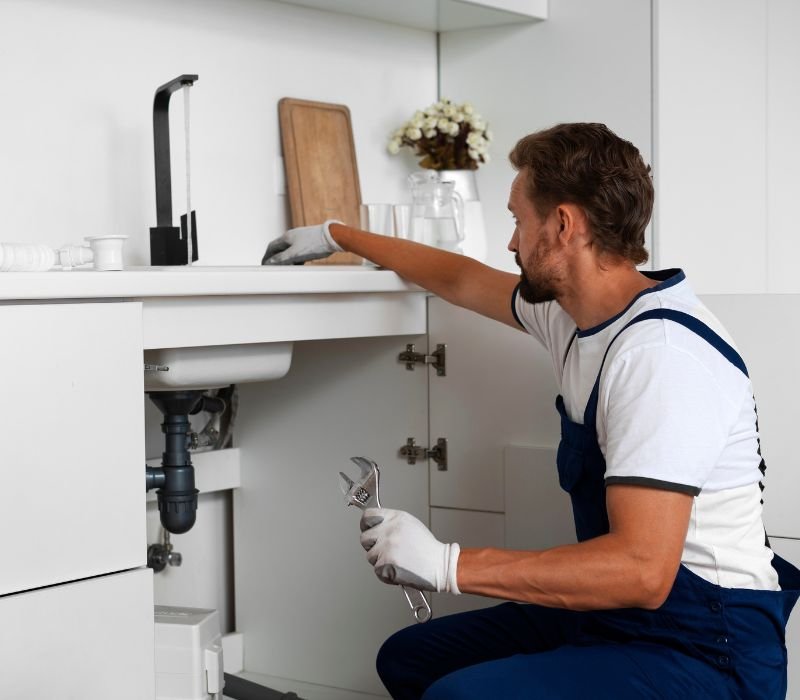 a plumber checking and fixing hand wash basin