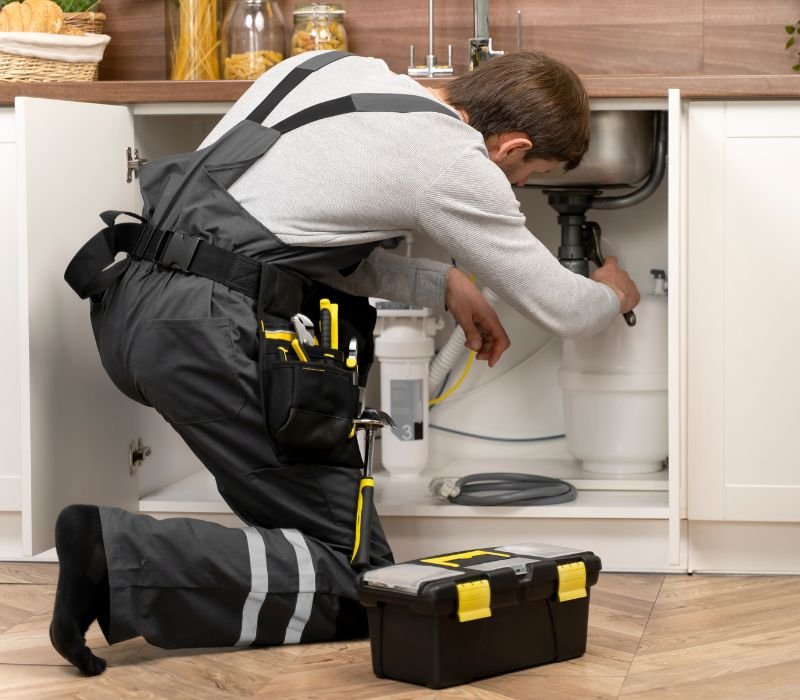 plumber repairing sink pipe with tool box