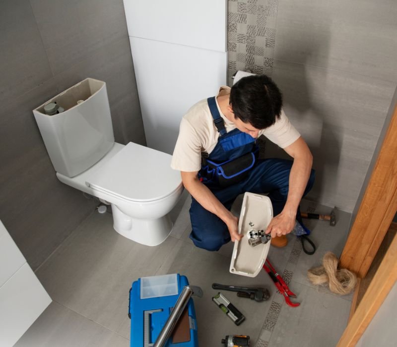 a boy is sitting and fixing toilet with tools