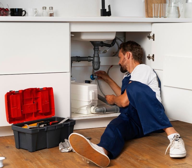 plumber opening basin drain with tool box