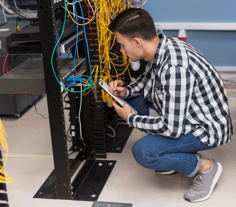 a boy noting somthing by seeing connectors and cables