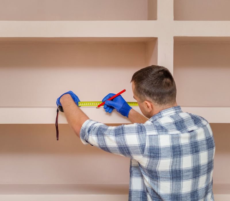 a man is taking measurements for shelves fixing